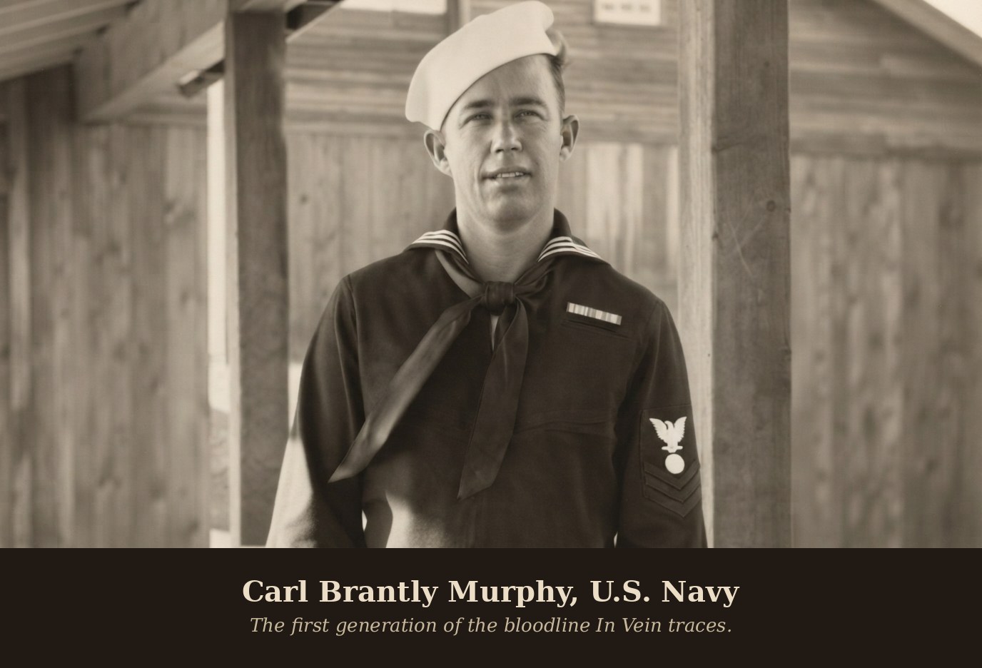 Sepia portrait of Carl Brantly Murphy in his U.S. Navy uniform. Caption reads: Carl Brantly Murphy, U.S. Navy &mdash; The first generation of the bloodline In Vein traces.